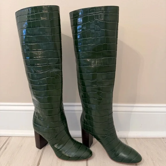 Loeffler Randall Tall Goldy Leather Croc Forest Green Heel Knee Boot Pull On 6 - Picture 5 of 14